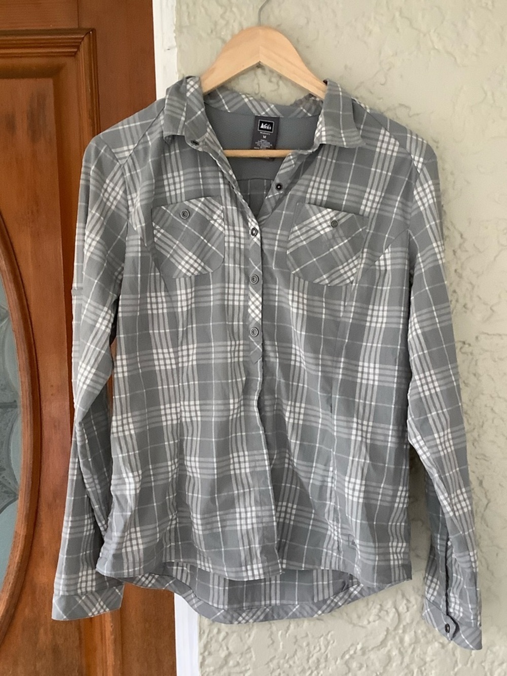REI Gray and White Plaid Button-Up Shirt